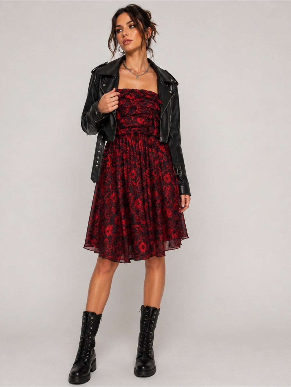 The Limited Strapless Red Black Floral Dress Size 4 Cocktail Party